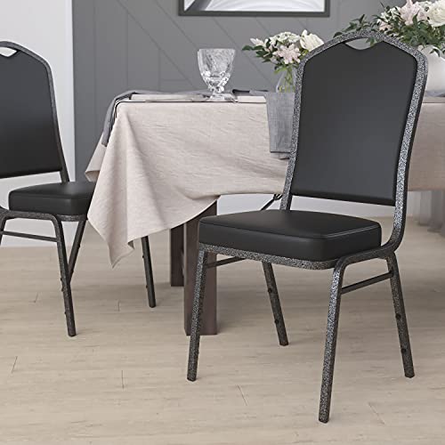 EMMA + OLIVER Black Vinyl Crown Back Stacking Banquet Chair - color: Black Vinyl/Silver Vein Frame
