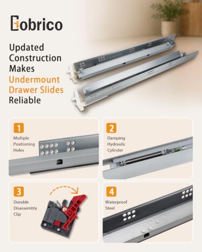 10 Pairs Gobrico Soft Close Under Mounting Drawer Slides 21", Full Extension Concealed Drawer Glides with Locking Device, Rear/Bottom Mounted Cabinet Drawer Runners, Bulk Pack - size: 21-Inch