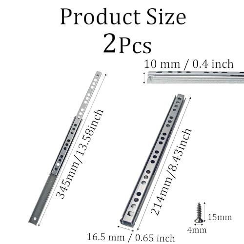 Metal Drawer Slides, 2Pcs Ball Bearing Drawer Slide Rails, Full Extension Side Mount Track, Smooth Quiet Glide for Cabinet, Kitchen, Dresser, File Cabinet, Heavy Duty Drawer Hardware 214mm - size: 214mm