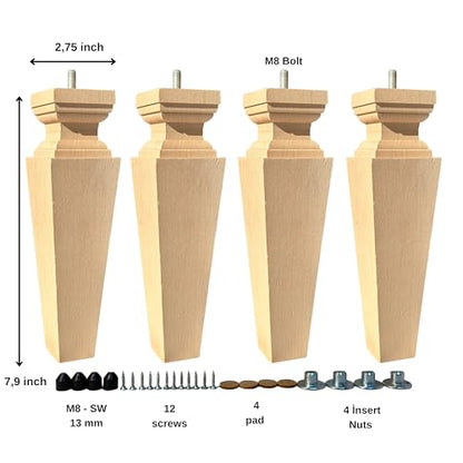 8 Inch Square Solid Wood Beech Replacement Furniture Legs, Set of 4, Wooden Feet Mid Century Modern, Unfinished Legs for Sofa, Couch, Armchair, Ottoman, Cabinet, TV Stand, Dresser - size: 8" / 20cm