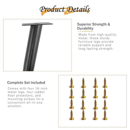 16 Inch Heavy Duty Metal Furniture Legs for Chairs Sofas & Cabinets