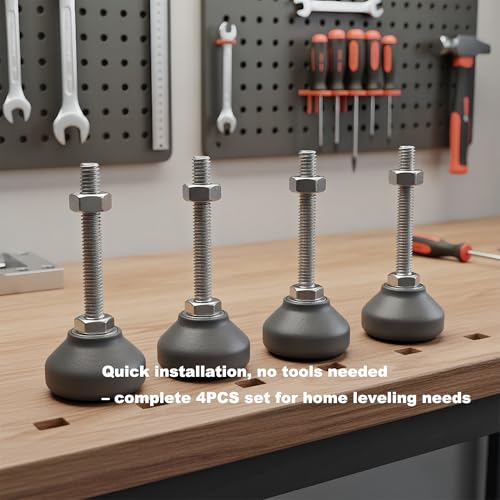 Adjustable M6 Furniture Leveling Feet 4PCS - 50mm Swivel Leg Levelers with Four-Claw Nuts, Anti-Skid Nylon Base & Stainless Steel Screws for Cabinets, Tables, Chairs, Workbench - 40kg Load Capacity