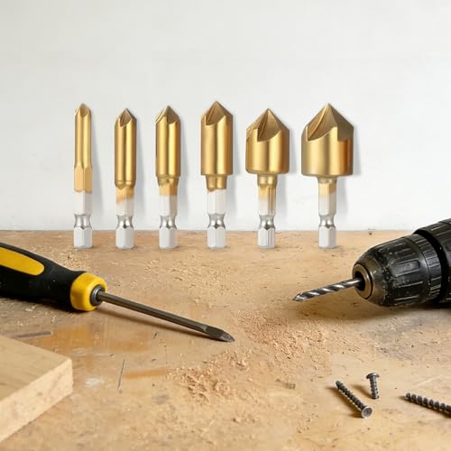 Countersink Drill Bit Set 6Pcs Titanium Coated Chamfer Bits with Hex Shank, 90-Degree 5-Flute Woodworking Metal Drilling Tool Kit for DIY Furniture Repair, Imperial Sizes 1/4 to 3/4 Inch