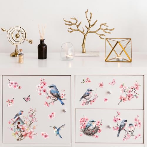 Peacoblue Cherry Blossoms, Bird Rub On Transfers for Furniture Craft 6"x12" - style: Cherry Blossoms and Birds