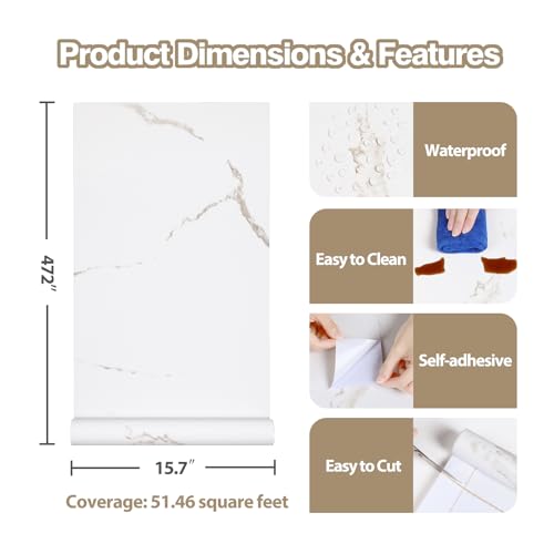 White Marble Wallpaper Peel and Stick Countertop Marble Contact Paper Waterproof Self Adhesive White Wallpaper Matte Thick Removable Kitchen Vinyl Wrap for Cabinets Desk Table Top 15.7"x472" - size: 15.7" x 472"