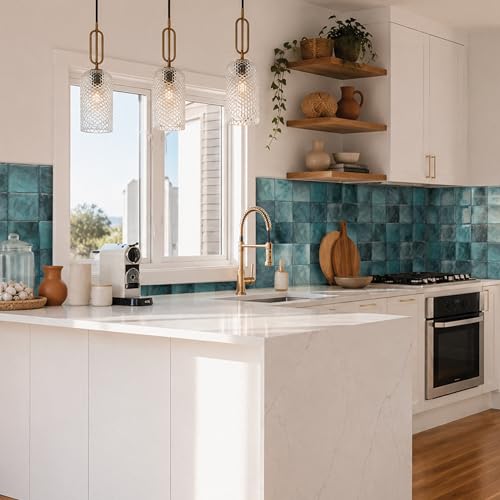 Smart Tiles Peel and stick backsplash, Zellige Teal Green, 9"x9" - color: Teal Green