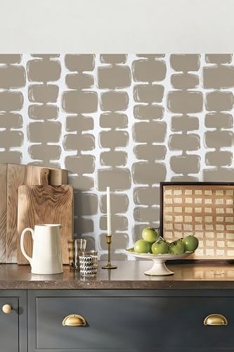 Safiyya 17.3"x393" Peel and Stick Wallpaper Mid Century Modern Abstract Contact Paper Geometric Wall Paper Self Adhesive Removable Wallpaper for Bathroom and Bedroom Vinyl, Light Brown and White - color: Light Brown and White, size: 17.3" x 393"