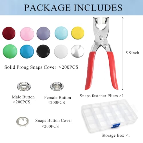 GTAAOY 9.5 mm Metal Snap Buttons with Snap Pliers, 200 Sets / 800 pcs - style: Colorful Solid Prong Snaps-200set