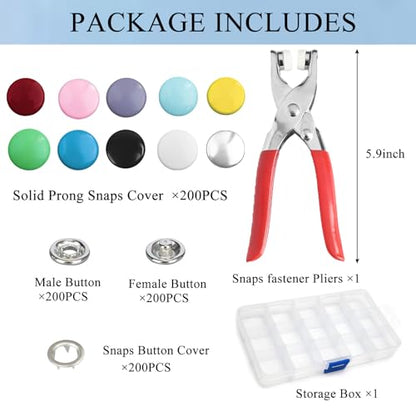 GTAAOY 9.5 mm Metal Snap Buttons with Snap Pliers, 200 Sets / 800 pcs - style: Colorful Solid Prong Snaps-200set