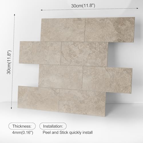 10 Sheet Stone Beige Peel and Stick Backsplash, 11.8'’x 11.8'' Luxury Ceramic Look Self Stick Subway Tiles, Waterproof Peel and Stick Wall Tiles for Kitchen and Bathrrom - color: Stone Beige