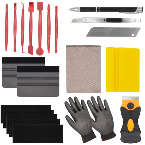 Spanno Vinyl Wrap Tools Kit Window Tint Kits for Automotive, Include Pro Wrapping Squeegee, Plastic Scraper, Felt Squeegee, Vinyl Wrap Gloves, Cleaning Cloth, Rubber Waterblade and Utility Knife - color: Yellow