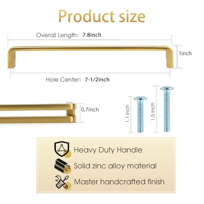 7-1/2 Inch(192mm) Hole Center Brushed Gold Zinc Alloy Solid Cabinet Pulls,Dresser Cabinet Handles Luxury Cabinet Pull Hardware for Bedroom, Kitchen 6 Pack 7600 - color: Brushed Gold, size: 7-1/2 Inch Hole Center