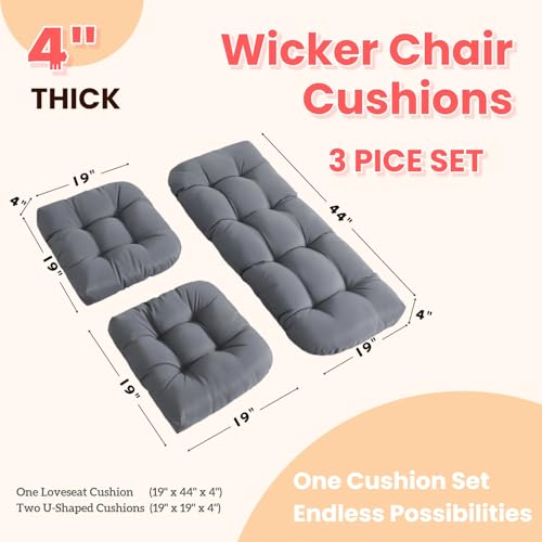 Wicker Chair Cushions 3 Piece Set, Waterproof Outdoor Cushion for Patio Furniture, Loveseat and U-Shaped Wicker Furniture Cushions, Grey - color: Grey