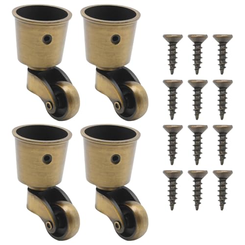 Anxingo 4 PCS Antique Brass Caster Cups, 2.6 x 1.5 Inch Cast Zinc Alloy Wheels, 360 Degree Swivel Pulleys, Suitable for Classical Furniture, Piano Legs, Coffee Tables, Bookshelves