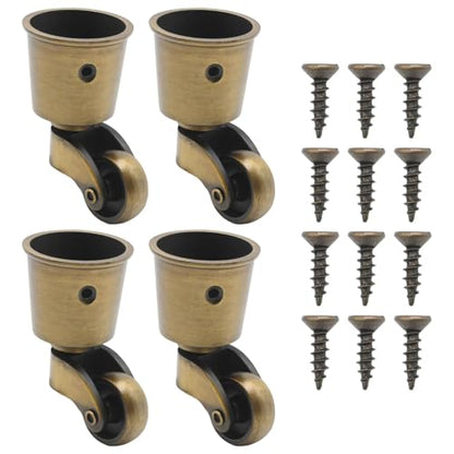 Anxingo 4 PCS Antique Brass Caster Cups, 2.6 x 1.5 Inch Cast Zinc Alloy Wheels, 360 Degree Swivel Pulleys, Suitable for Classical Furniture, Piano Legs, Coffee Tables, Bookshelves
