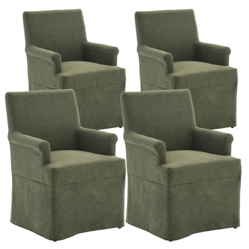 Arm Dining Chair Fabric Long Skirt Slipcovered High Back Upholstered Dinner - color: Green, size: 4 PCS