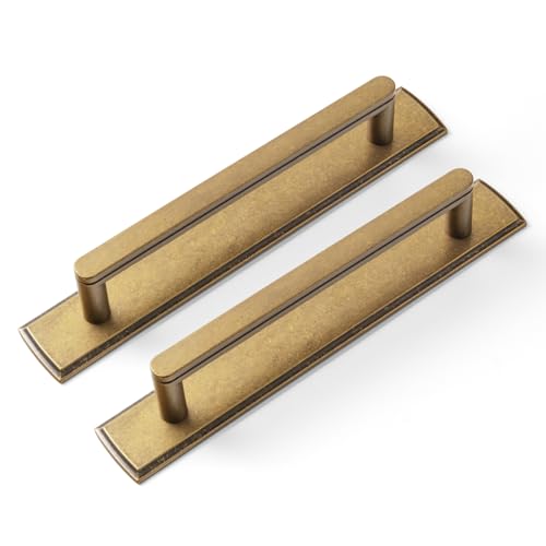 Goo-Ki 2 Pack 5'' Center to Center Antique Brass Cabinet Handles with Backplate Vintage Kitchen Drawer Pulls with Subtle Curves - color: Antique Brass, size: 5" Center to Center