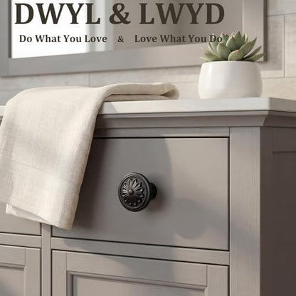 DWYL & LWYD 10 Pack Black Cabinet Knobs,Heavy Duty Zinc Alloy Flower Pattern,1-2/5"Dia Round Matte Black Kitchen Cabinet Knobs Handles for Cabinets and Drawers Drawer Pulls - color: Black