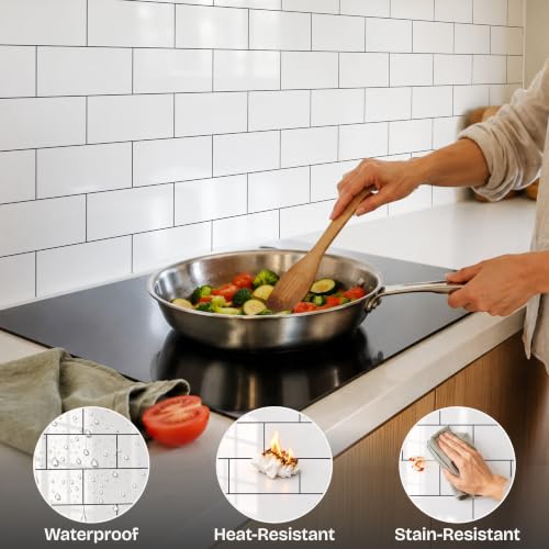 StyloVue 100 Pieces Peel and Stick Backsplash for Kitchen, 3" x 6" PVC Subway Tile, Glossy White with Dark Gray Grout, Self Adhesive Stick on Wall Tiles for Kitchen, Bathroom, Fireplace, RV - color: Glossy White