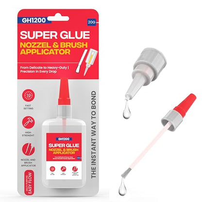 GH1200 (2-in-1) Super Glue with Brush Applicator & Nozzle, Mess Free Superglue Brush, Instant Never Dries, 3000 CPS Ca Glue, No Stain Clear Glue, Super Glue for Plastic, Rubber & More - style: 20g Super Glue Brush & Nozzle