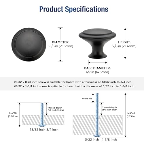 Matte Black Cabinet Drawer Hardware,30mm Kitchen Cabinet Knobs,18 Pack - color: Matte Black