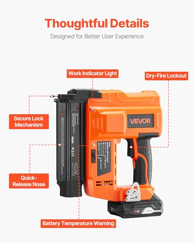 VEVOR Cordless Brad Nailer, 18 Gauge, 20V Battery Powered Nail Gun, with 500 pcs Nails, 2.0 Ah Li-ion Battery and Charger, Adjustable Nailing Depth, for Home Improvement, Woodworking, DIY Project - size: 18 Gauge - 1 Battery