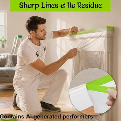 Pre-Taped Masking Film for Painting - 22" x 66'Painters Plastic roll,with Automotive Paint Tape,Decoration Painters Plastic,Windows and Furniture Protection (2 Rolls) - size: 22in x 66ft 2Rolls