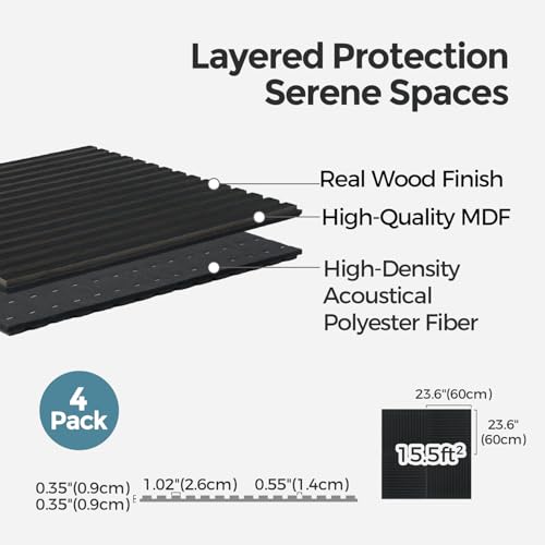 AKUMAX Extra-Thick 0.7" Wood Slat Acoustic Wall Panels, 4 Pack 23.6" x 23.6", NRC 0.80 Sound Absorbing, Fire-Retardant, FSC-Certified, for Home Office, Studio & Living Room, Black Oak - color: Black Oak