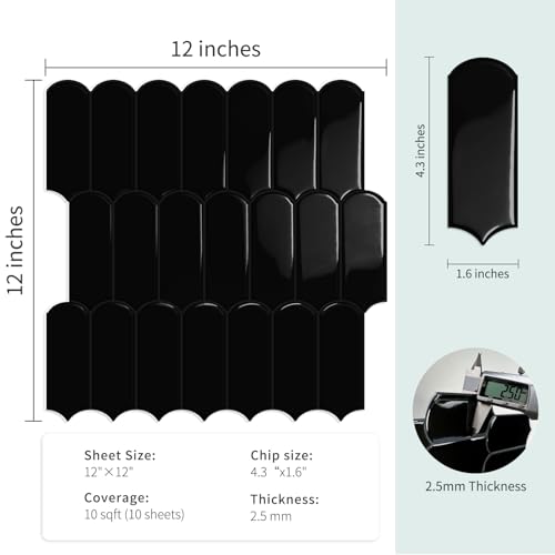 10-Sheet Upgraded Thicker Peel and Stick Kitchen Backsplash Tiles - color: Black