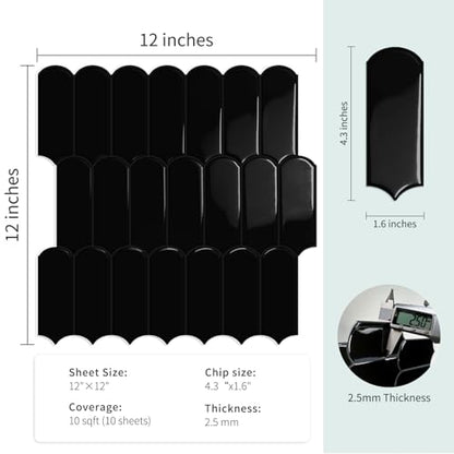 10-Sheet Upgraded Thicker Peel and Stick Kitchen Backsplash Tiles - color: Black