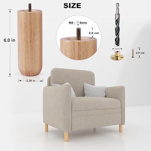 6 Inch Heavy Duty Natural Wooden Furniture Legs Set of 4 - Solid Cylindrical Wood Legs for Sofa, Couch & Table - Sturdy Varnished Replacement Feet (Patas para Muebles) - color: Varnished, size: 6 Inch
