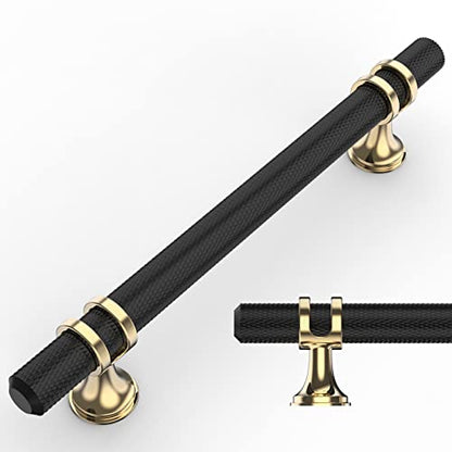 Amerdeco 10 Pack Knurled Matte Black and Gold Cabinet Pulls 5 Inch Hole Center Kitchen Cabinet Handles for Drawer Dresser, Cupboard and Wardrobe ZH0025 - color: Black+Gold, size: 5"/128MM Hole Center, style: 10 Pack