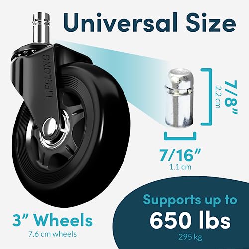 Lifelong Office Chair Wheels Replacement, Heavy Duty, 5-Pack, 98% Fits - color: Dark Black, size: 3 Inch