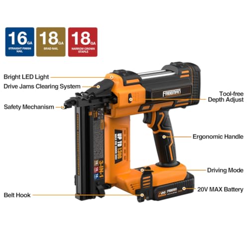 Freeman 20V Cordless 3-in-1 Nailer Kit – 1300 Shots/Charge | PE20V31618G - style: 3-in-1 16 and 18 Nailer/Stapler Kit