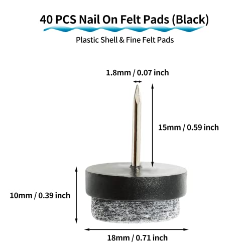 40 PCS 18mm Nail-On Felt Glides, Chair Leg Protector Black - size: 18mm - Black