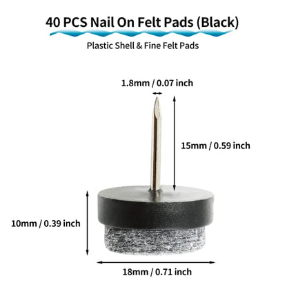 40 PCS 18mm Nail-On Felt Glides, Chair Leg Protector Black - size: 18mm - Black