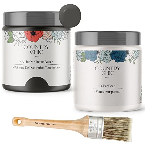 Chalk Style Paint + Clear Coat + Paint Brush Bundle - for Furniture, Home Decor, Crafts (Color: Dark Roast [pint - 16 oz] - Dark Brown)