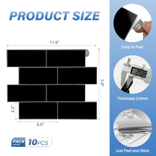 Thicker Design Peel and Stick Wall Tile，Self Adhesive Backsplash Tiles for Kitchen & Bathroom (10 Sheets, Black) - color: Black with Grey Grout
