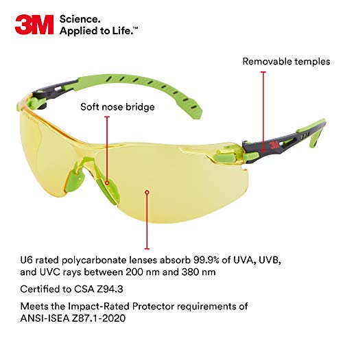 3M Safety Glasses, Solus 1000, Scotchgard Amber Lens, Green/Black Frame - style: Amber Lens, Green Black Frame