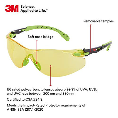 3M Safety Glasses, Solus 1000, Scotchgard Amber Lens, Green/Black Frame - style: Amber Lens, Green Black Frame