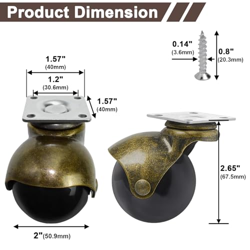 MySit 2 Inch Ball Caster Plate Brass Vintage Antique Wheels Set of 4 - size: 2inch(no brake)
