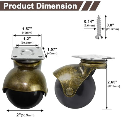 MySit 2 Inch Ball Caster Plate Brass Vintage Antique Wheels Set of 4 - size: 2inch(no brake)
