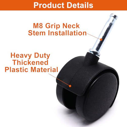 Plastic Casters Set of 4, M8 Grip Neck Stem Caster Wheels 2 inch, Black Nylon Swivel Caster Wheels Replacement for Furniture, Office Chair, Table, Cabinet, Shelf - style: 2 Inch-M8 Grip Neck Stem