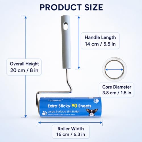 Extra Sticky Large Surface Lint Roller, 6.3'' Giant Lint Roller for Pet Hair, Lint Remover Roller for Cat Hair, Clothes, Furniture (1 Handle + 270 Sheets)
