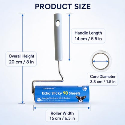 Extra Sticky Large Surface Lint Roller, 6.3'' Giant Lint Roller for Pet Hair, Lint Remover Roller for Cat Hair, Clothes, Furniture (1 Handle + 270 Sheets)
