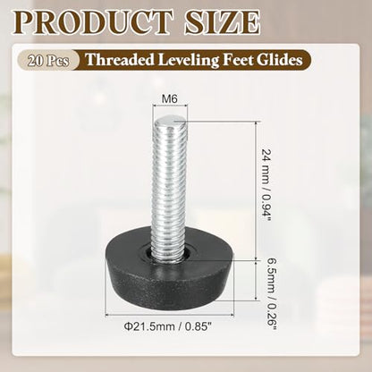 PATIKIL 20 Pcs M6 x 24mm Thread Adjustable Furniture Levelers, Furniture Feet Levelers Screw on Steel Screw in Threaded Leveling Feet Glides for Table Chair Cabinet Patio Legs - size: M6 x 24mm