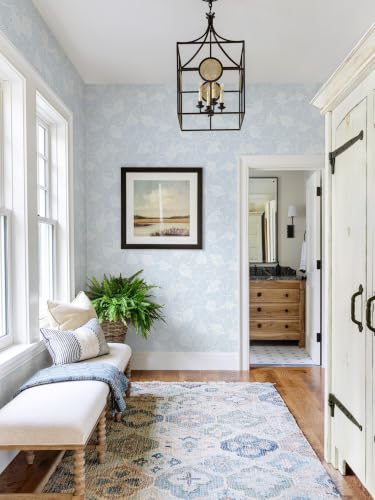 Dimoon Blue Peel and Stick Wallpaper Geometric Contact Paper for Bathroom Kitchen Striped Botanical Stick on Wall Paper Leaf Boho Removable Wallpaper Renter Friendly Vinyl Waterproof 17.3''x78.7'' - color: Blue and White, size: 17.3" x 78.7"