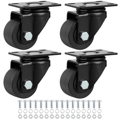 Finnhomy 2 Inch Caster Wheels Set of 4 Heavy Duty Low Profile Plate Swivel Casters Premium Solid Nylon Wheels 2,200 Lbs Anti-wear Furniture Casters Extra-Wide Smooth for Industrial Workbench Black - size: 2" (No Brake)