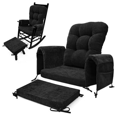 5 PCS Glider Rocker Replacement Cushions with Storage Side Pocket, Luxuriy Chenille Fabric Foam & Microfiber Filling, Thickened & Supportive Rocking Chair Cushion Set, Black - color: Black