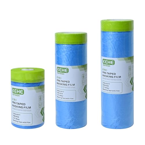 Pre-Tape and Drape for Spray Paint Protection with Roller & Cutter,59/44/22''x66'(3 Rolls) Plastic Masking Film with Tape for Covering Automotive,Flooring,Windows,Beds,Sofas Furniture